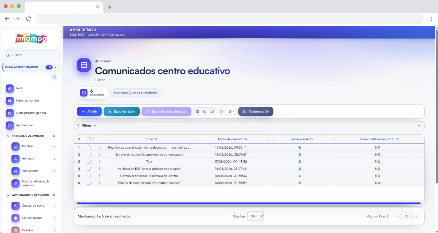 Comunicaciones del centro escolar en MiAMPA