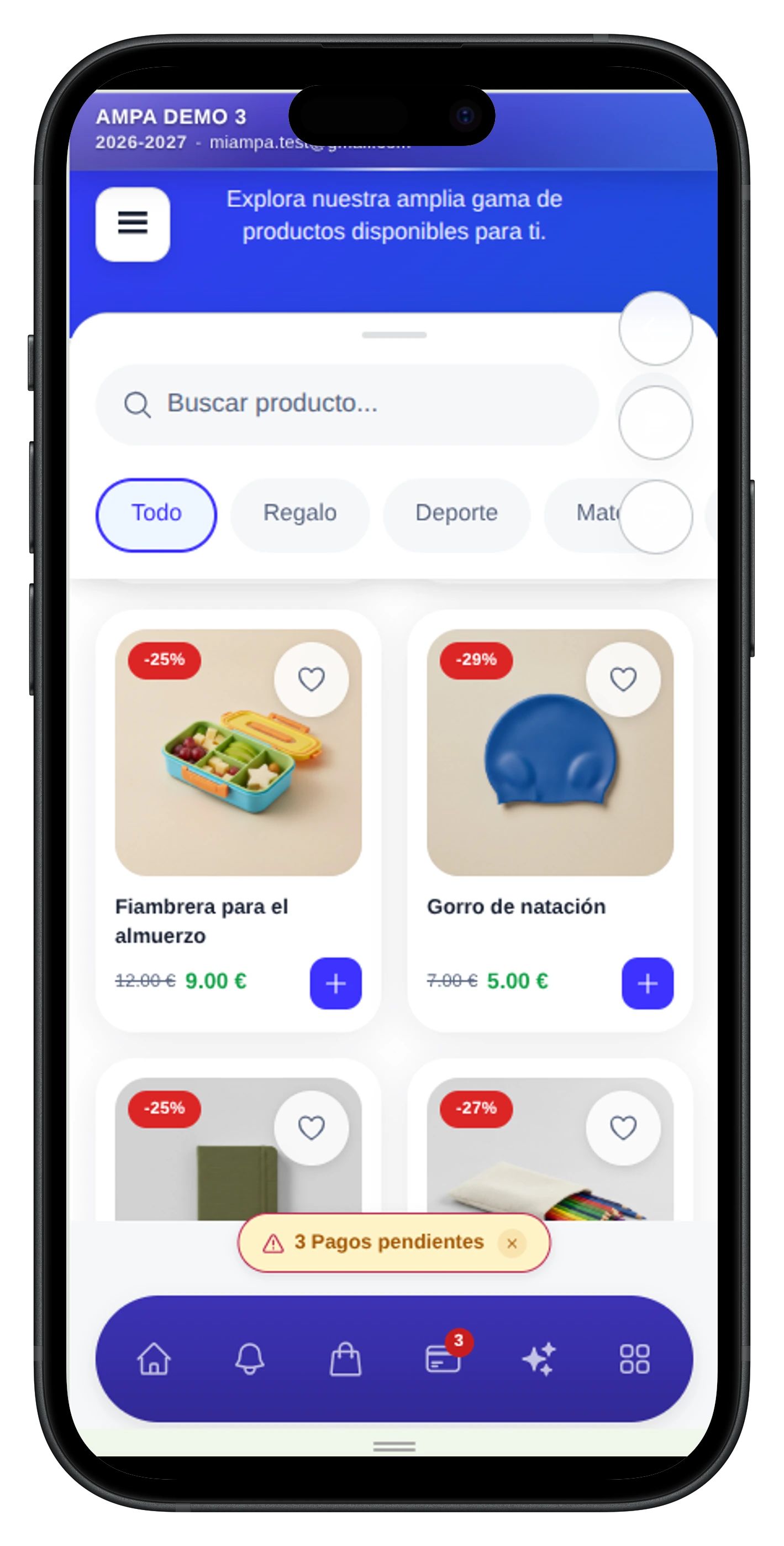 Tienda del AMPA con productos y precios en la aplicación