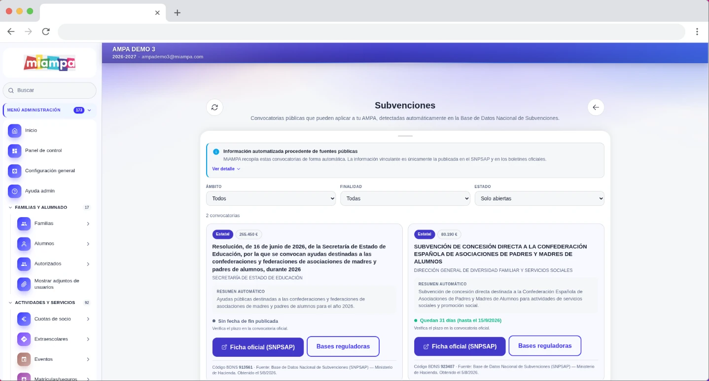 Módulo de subvenciones de MiAMPA